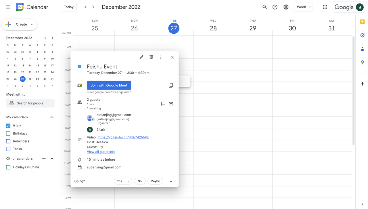 Đồng bộ hóa từ Lark Calendar sang Google Calendar